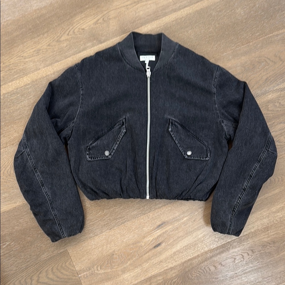 Rag & Bone Black Cropped Bomber Jacket with Modern Fit